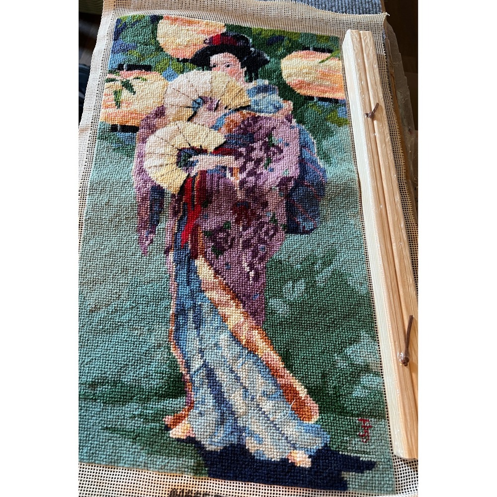 Vintage Needlepoint Tapestry Oriental Asian Geisha Lady Includes Magnetic Hanger